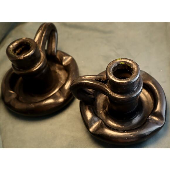 Vintage Mexican Lama Oaxaca Barro Negro Candleholder Pair Candle Holders - Picture 4 of 6